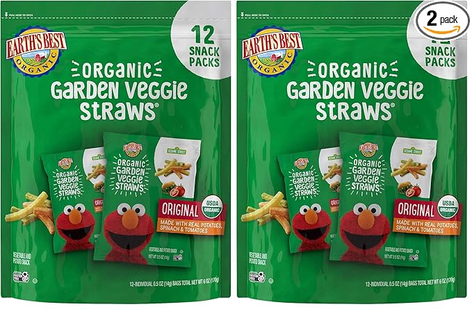 Earth's Best Organic Kids Snacks, Sesame Street Toddler Snacks, Organic Garden Veggie Straws for Toddlers 2 Years and Older, Original, Multipack, .5 oz Bags, 12 Count (Pack of 2)