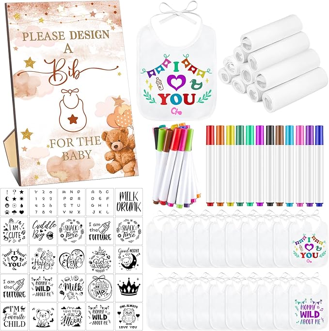 Panitay 100 Pcs DIY Baby Bibs Decorating Kit 50 White Bibs 25 Stencils 24 Markers 1 Baby Shower Game Sign