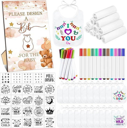 Panitay 100 Pcs DIY Baby Bibs Decorating Kit 50 White Bibs 25 Stencils 24 Markers 1 Baby Shower Game Sign