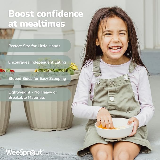 WeeSprout Bamboo Kids Bowls with Lids, Set of Four 10 oz Kid-Sized Dinnerware, Cereal, Leftovers & Snack Bowl, Dishwasher Safe (Pink, Green, Gray, & Beige)