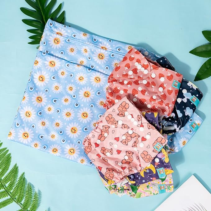 ALVABABY 6pcs Cloth Diaper Covers &1 Wet Dry Bag, Washable Reusable Cloth Diaper Shell for Prefold with Multi-Functional Bag, Flat or Fitted Nappy Inserts