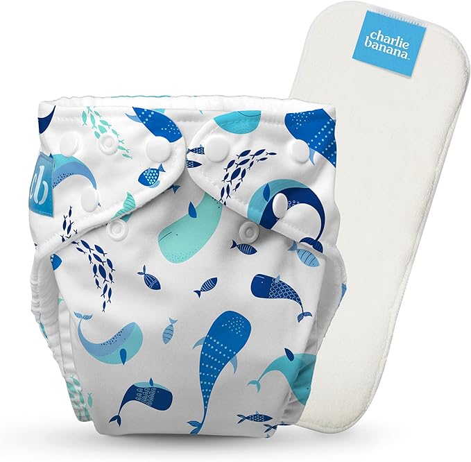 Charlie Banana Cloth Diapers, Reusable, Washable, Adjustable One Size Diaper, for Babies and Toddlers, with Absorbent Insert - The Whale on White, 1 Pack