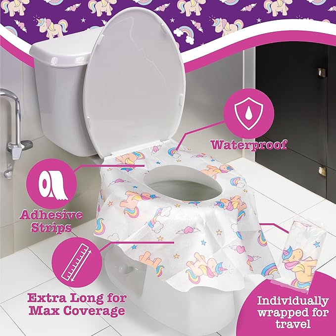 Potty Shields Toilet Seat Covers Disposable (12 pk, Unicorns) - XL Waterproof Toilet Cover for Toddlers, Kids & Adults - Portable & Individually Wrapped for Travel, Potty Training, Public Restrooms