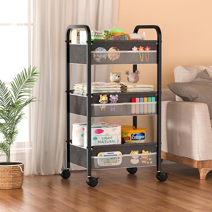 Baby Diaper Caddy Rolling Utility Cart, 3 Tier Baby Essentials Nursery Organizer and Storage with Dividers and Drawers for Crib, Bedroom, Art & Craft Organizer (Black)
