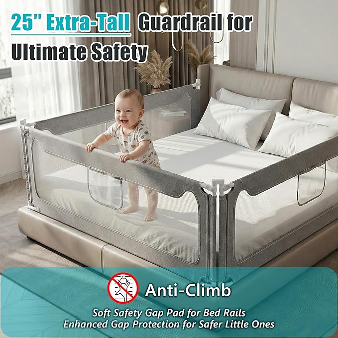 Full Size Baby Bed Rail Guard – Extra Tall Safety Bedside Rail with Headboard Rod for Toddlers, Adjustable No-Gap Design, 3 Panels (2×74.8″ + 1×55.1″), Gray