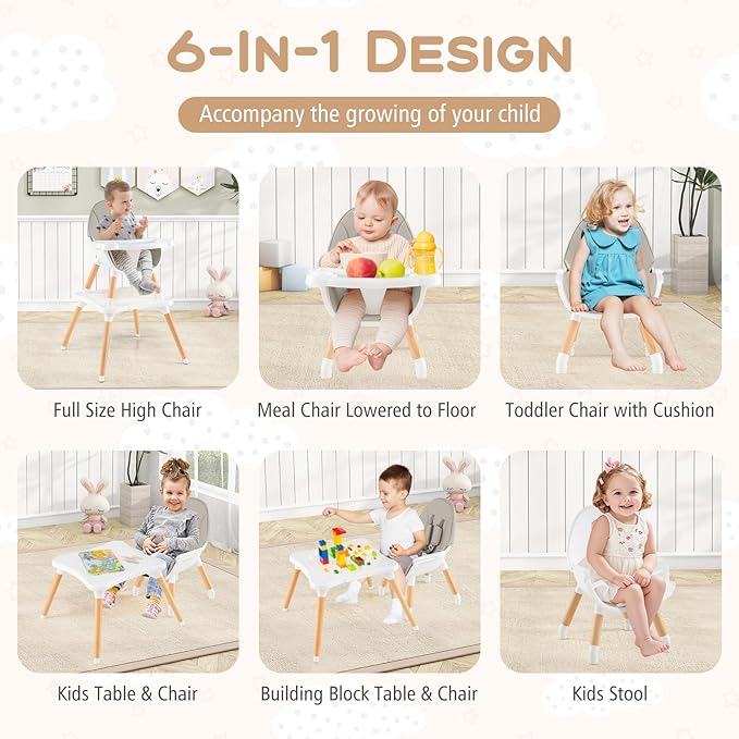 HONEY JOY Baby High Chair, 6-in-1 Convertible Wooden Highchair for Babies and Toddlers/Table Set/Toddler Chair with Safety Harness, 4-Position Removable Feeding Tray (Gray)