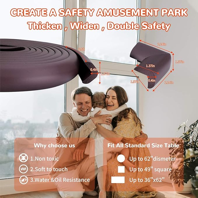 Baby Proofing Edge and Corner Guards, Safety 3M Pre-Taped Furniture Bumper, Coffee Brown, Heavy-Duty (Brown, 6.5 Feet + 4 Corner)