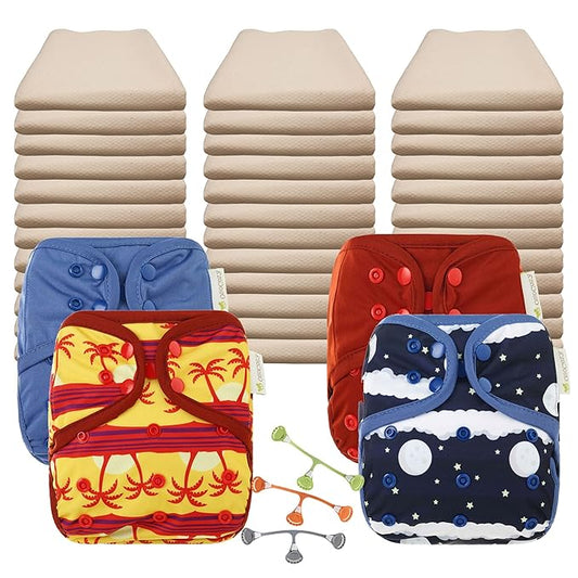 OsoCozy Economy Flat Cloth Diaper Package - 36 Unbleached Cotton Birdseye Weave Flat Diapers, 3 Snappi Diaper Fasteners, 4 OneSize Diaper Covers (NightSky, Midnight Blue, Tropical, Deep Red)