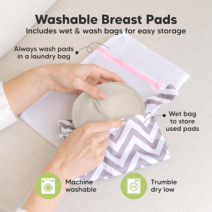 Organic Nursing Pads - 14 Washable Breast Pads for Breastfeeding, Wash Bag, Viscose Derived from Bamboo Reusable Nipple Covers for Breastfeeding Essentials, Soft & Absorbent (Neutrals, M 4.6")
