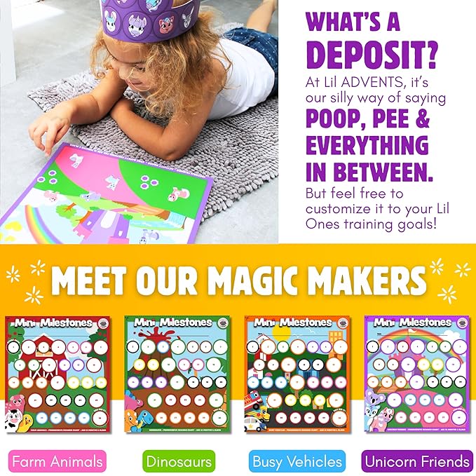 17PC Toddler Unicorns Potty Training Chart Behavior Chart for Toddlers, Potty Chart, Toddler Reward Stickers, Reward Chart for Kids, Crown & Activity Board by LIL ADVENTS Mini Milestones + eBook