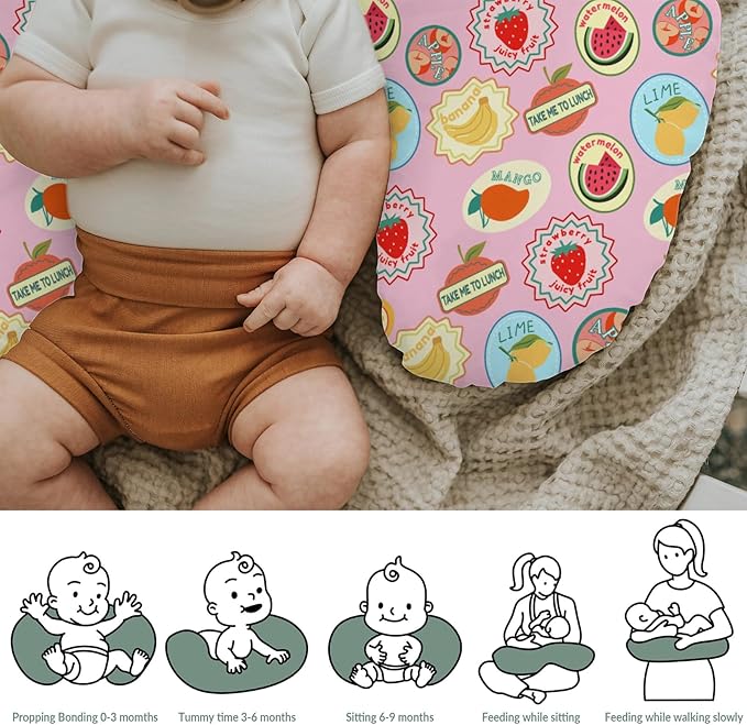 Pink Fruits Summer Preppy Baby Nursing Pillow Covers for Girl Cute Tropical Fruits Stamp Nursery Pillowcase for Breastfeeding Pillows Retro Summer Beach Soft Stretchy Slipcovers for Newborn Infant