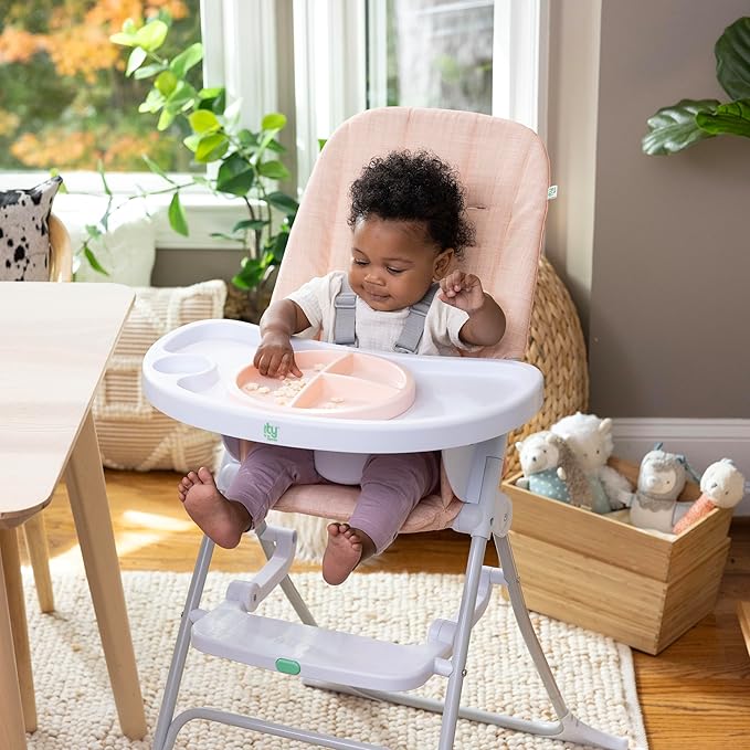 Ingenuity Sun Valley Compact Folding Baby High Chair, Food-Grade Safe Plate, Safety Harness, for Ages 6 Months and Up, Unisex - Pink
