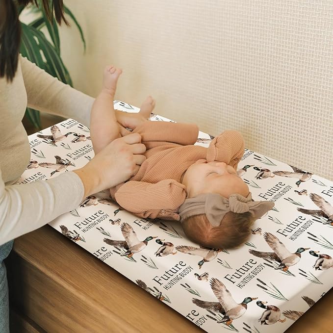 HawSkgFub Future Duck Hunting Buddy Changing Pad Cover for Baby Boy, Wild Mallard Hunter Diaper Change Table Covers, Soft Stretchy Breathable Safe Snug Fitted Changing Mat Sheets Fit 32"/34" x 16"