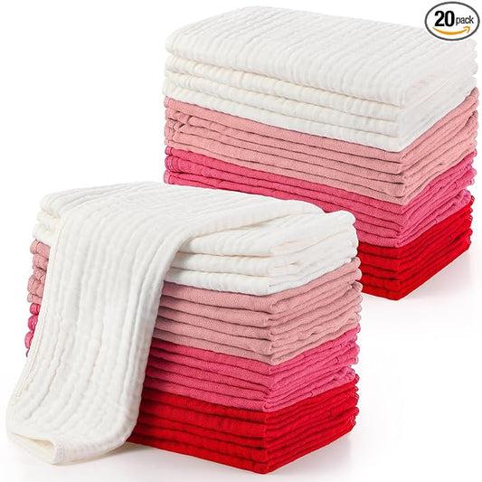 Buryeah Muslin 20 Pcs Burp Cloths Large 20" x 10" 100% Cotton 6 Layers Ultra Absorbent and Soft Hand Washcloths for Baby Drool and Messes Gentle Burp Cloth for Boys & Girls(Bright Colors)