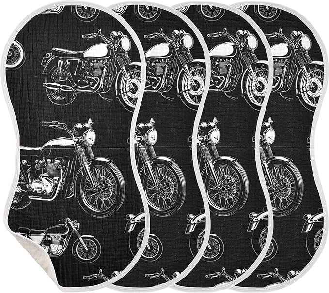 Black White Motorcycles Burp Cloths Baby Boys Girls Absorbent Soft Cotton Burping Cloths Rags, 4 Pack