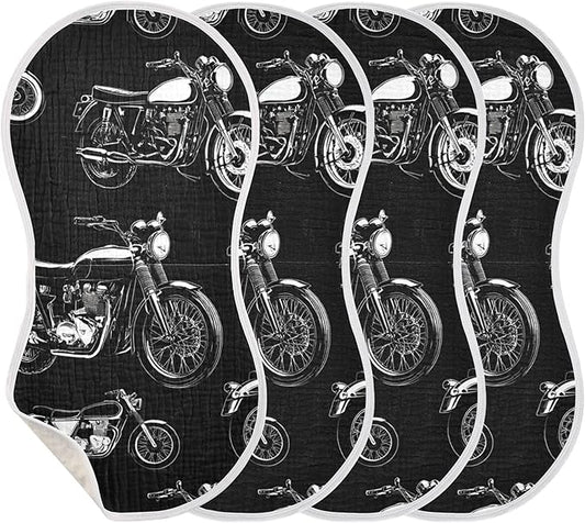 Black White Motorcycles Burp Cloths Baby Boys Girls Absorbent Soft Cotton Burping Cloths Rags, 4 Pack