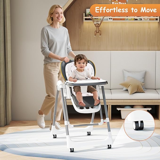 High Chairs for Babies and Toddlers, Foldable High Chair with Lockable Wheels, 4-in-1 Convertible, Adjustable Reclining Seat with Leg Rest & 5-Point Harness, Soft Cushion, Portable When Folded, Gray