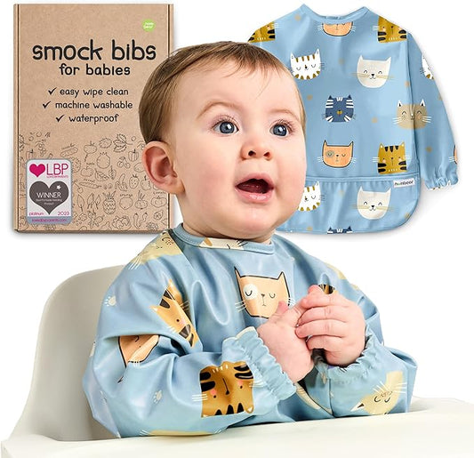 Waterproof Smock Baby Bibs for Eating (Boy or Girl 6-24 Months) - Toddler Long Sleeve Bib for Baby Led Weaning