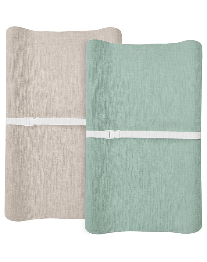 Changing Pad Cover for Baby Boy Girl 2 Pack, Muslin Changing Table Pad Covers with Boho Style, Neutral Nursery Bedding Essentials Soft and Breathable (Beige & Sage)