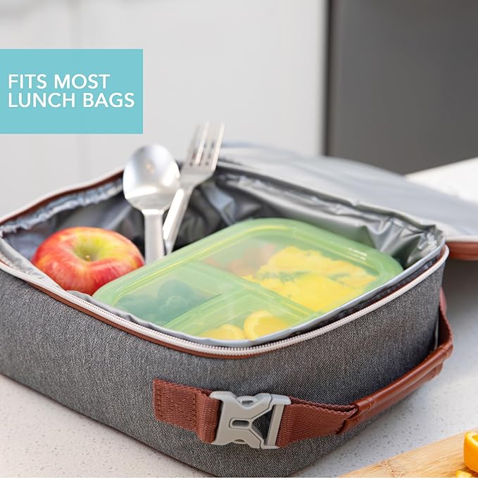 Bumkins - Silicone Bento Box & Reusable Snack Bag Set - 3 Sections & Leak-Proof Lid - Food Safe - 2 Zip Bags - Washable, Microwave, Freezer & Dishwasher Safe - 3 pack - Purple