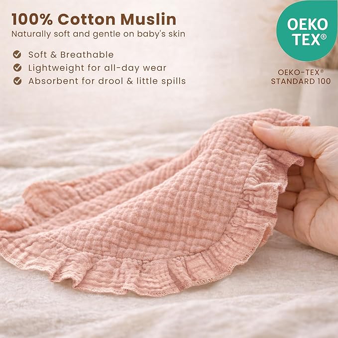Konssy Muslin Baby Bibs for Girls – Soft 100% Cotton Drool Bibs, Ruffle Trim for Newborns & Toddlers 0-36 Months 3-Pack