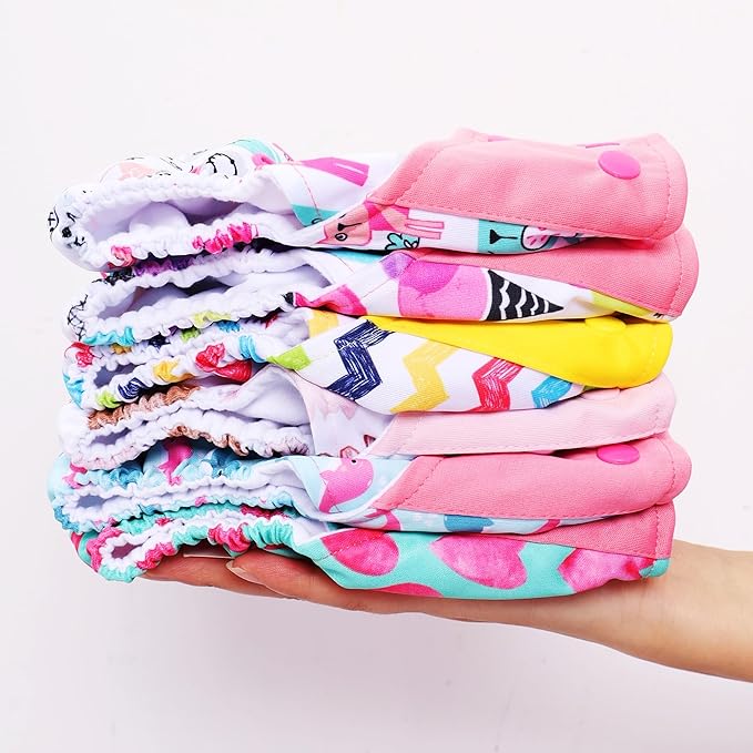 Cloth Diapers 6 Pack with 6 Inserts & 1 Wet Bag - Waterproof Cover, Washable, Reusable & One Size Adjustable Pocket Diapers for Newborns and Toddlers (Blossom Set)