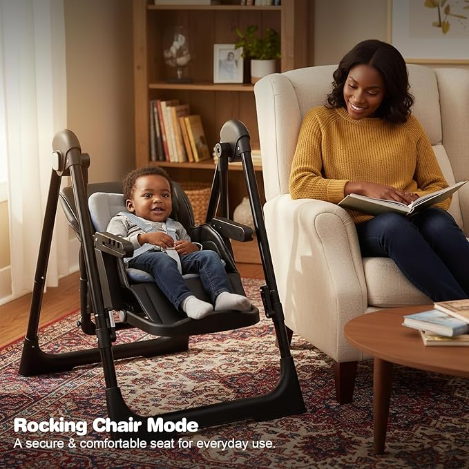 High Chairs for Babies and Toddlers Foldable High Chair Adjustable with Reclining Seat & Leg Rest, 3-in-1 Convertible Baby Rocker with Tool-Free Assembly (Black)