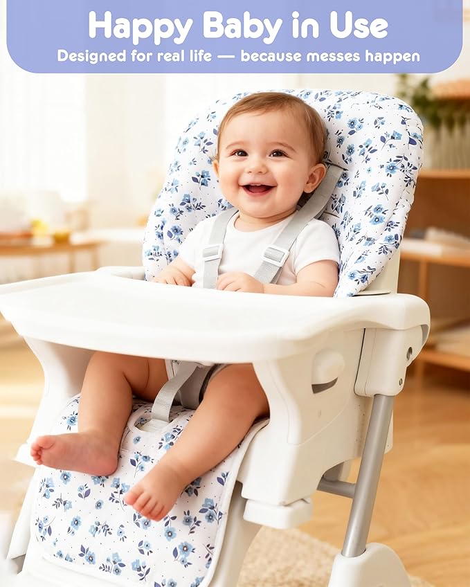Baby High Chair Cover Replacement, Reversible & Waterproof High Chair Cushion Pad Home & Restaurant use, Includes 5-Point Harness Strap, Chair Not Included - Blue