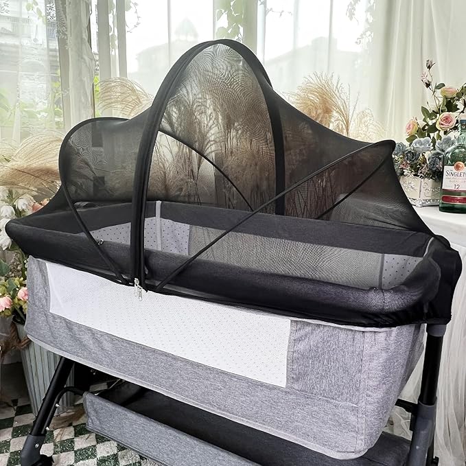 Mosquito Net for Baby Crib to Keep Insects/Bugs/Cats Out, Toddler Bassinet Bedside Sleeper Crib Tent Safety Net with Two-Way Zippers & Storage Bag, Breathable Mesh Holes, Black