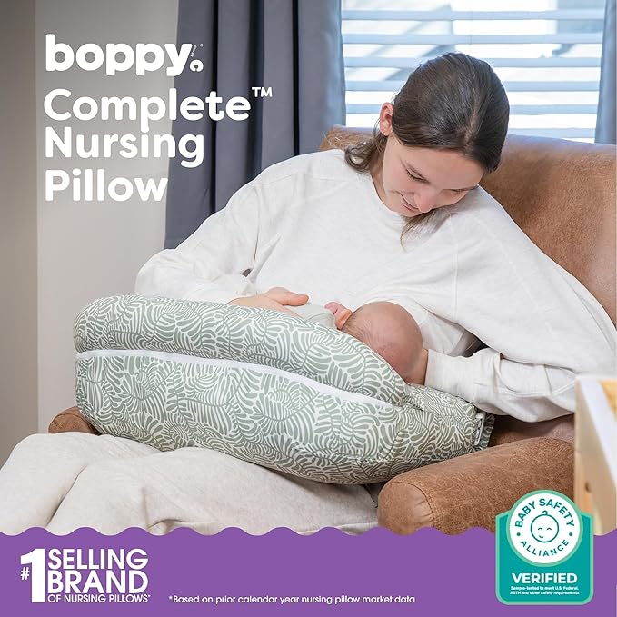 Boppy Complete Nursing Pillow, Breastfeeding & Bottle Feeding Ergonomic Feeding Pillow with Removable Belt, CloseComfort No-Gap Design, Full-Length Positioning Bolster, Washable Cover-Green Sage Vines