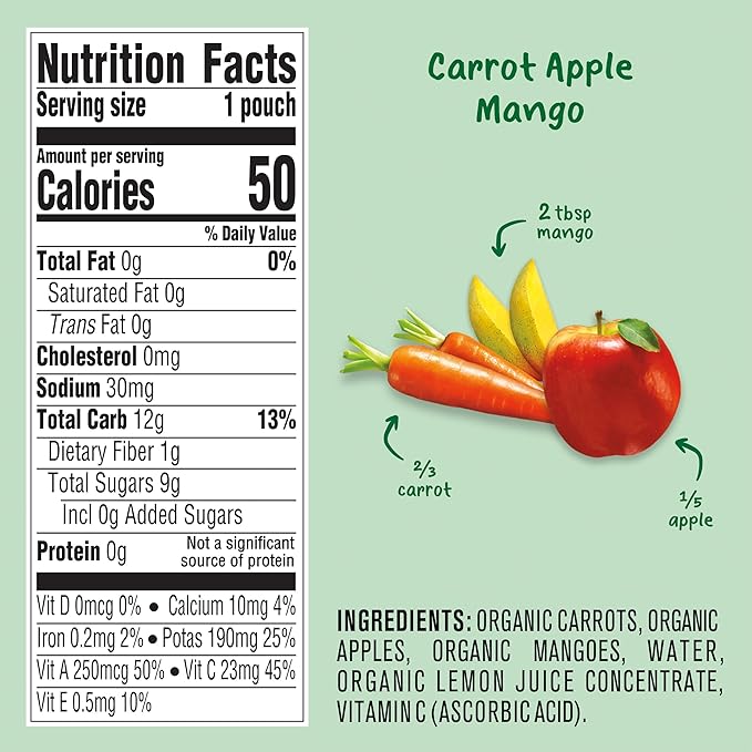 Gerber Organic For Baby 2nd Foods Pouches Immune Builder Variety Pack (3) Carrot Apple Mango (3) Mango Peach Carrot Sweet Potato Oatmeal (3) Pear Mango Avocado 1.96lb (18 Pack)