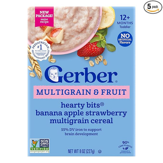 GERBER CEREAL FOR BABY GRAIN AND GROW Hearty Bits MultiGrains Banana Apple Strawberry 5x8oz