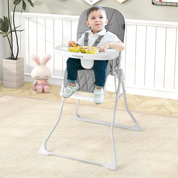 BABY JOY Foldable High Chair, Portable Highchairs for Babies and Toddlers with 3-Position Adjustable Tray & Footrest, Removable Seat Cushion, 5-Point Safety Harness, Space Saving Design (Gray)