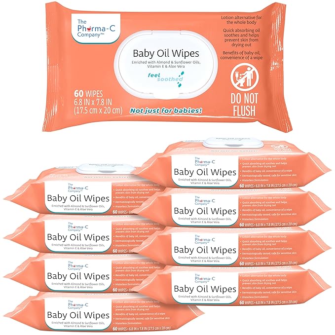 The Pharma-C Company Baby Oil Wipes (9 Packs of 60) Enriched with Almond and Sunflower Oils, Aloe and Vitamin E.