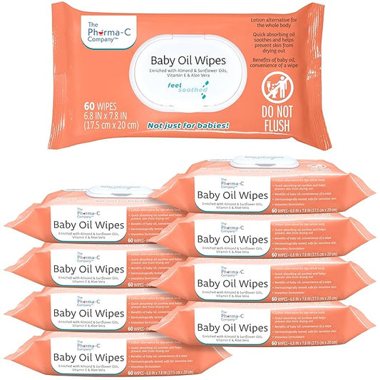 The Pharma-C Company Baby Oil Wipes (9 Packs of 60) Enriched with Almond and Sunflower Oils, Aloe and Vitamin E.