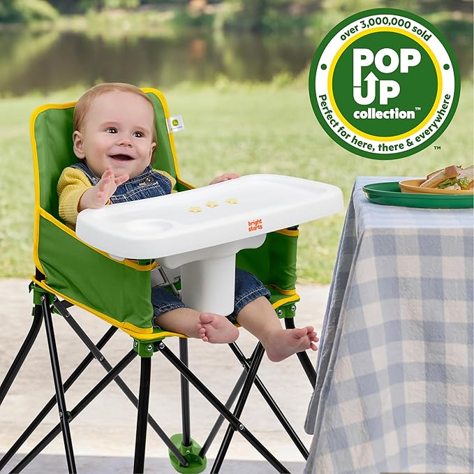 Bright Starts John Deere Pop 'N Dine Portable High Chair, Indoor/Outdoor, Dishwasher Safe Tray, Easy to Fold, Unisex, Green, 6 Months +