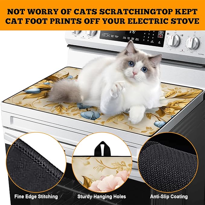 Multi-Design Stove Top Cover for Glass/Electric Stoves - 3-in-1 Heat-Resistant Protector Mat, Non-Slip Drying Rack 28"x20" (Pink-White Peony)