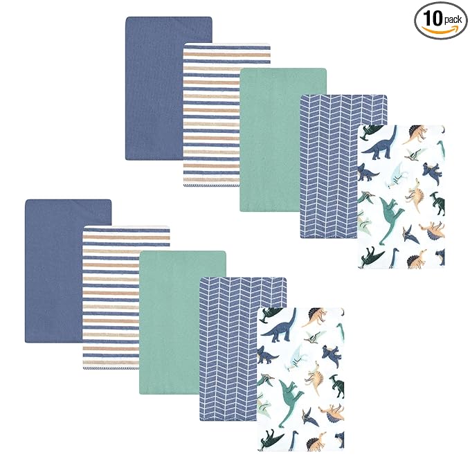 Hudson Baby Unisex Baby Cotton Flannel Burp Cloths 10-Pack, Dino Friends, One Size