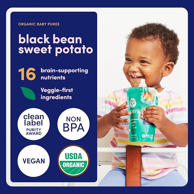 Cerebelly Organic Baby Food Pouches, Black Bean Sweet Potato Purees, 16 Nutrients, No Added Sugar & Non-GMO Toddler Snacks, 4 oz, 12 Pack