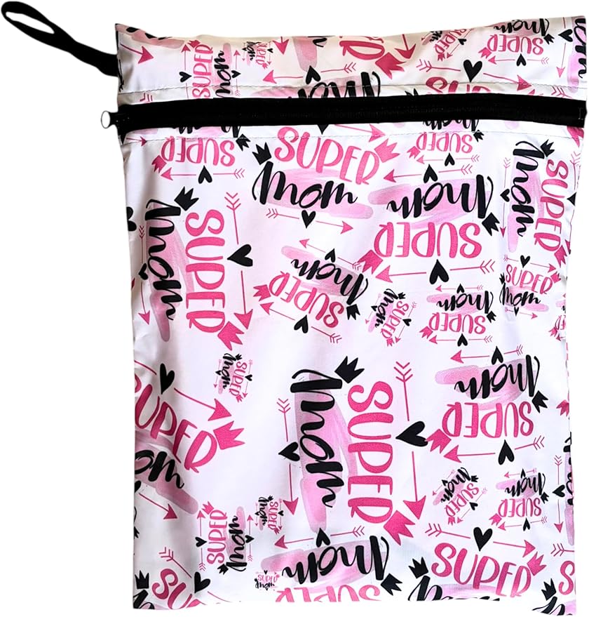 Waterproof Wet Bag 2-Pack, Reusable Leakproof Organizer for Swimwear, Cloth Diapers & Travel, 11.81 x 14.57 inch (Super Mom)