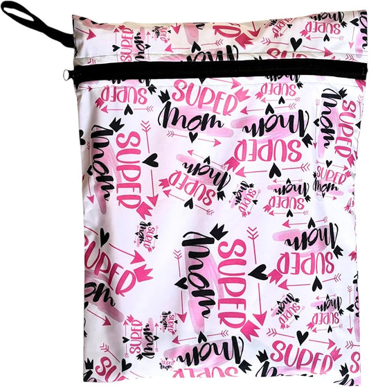 Waterproof Wet Bag 2-Pack, Reusable Leakproof Organizer for Swimwear, Cloth Diapers & Travel, 11.81 x 14.57 inch (Super Mom)