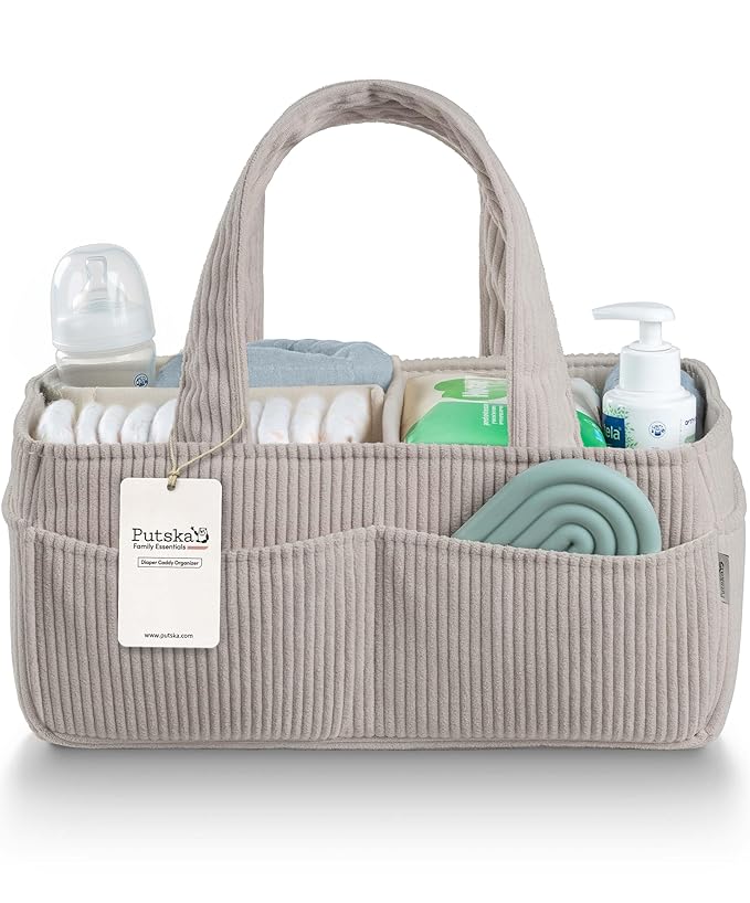 PUTSKA Baby Diaper Caddy Organizer for Changing Table – Stylish Nursery Storage Basket, Newborn Essentials, Baby Shower Gifts and Registry Must-Haves for Boy or Girl, Car Diaper Caddy, Corduroy Grey