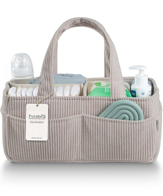 PUTSKA Baby Diaper Caddy Organizer for Changing Table – Stylish Nursery Storage Basket, Newborn Essentials, Baby Shower Gifts and Registry Must-Haves for Boy or Girl, Car Diaper Caddy, Corduroy Grey