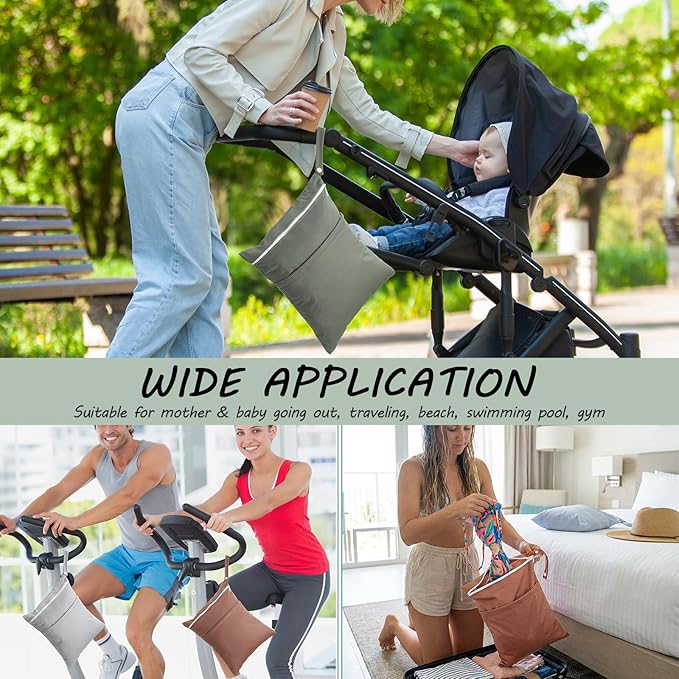 Shappy 4 Pcs Wet Dry Bag for Baby Cloth Diapers Waterproof Wet Bag Washable Travel Reusable with 2 Pocket for Swimsuits for Yoga Gym Travel Beach Pool(Brown, Dark Green, Light Purple, Grey)