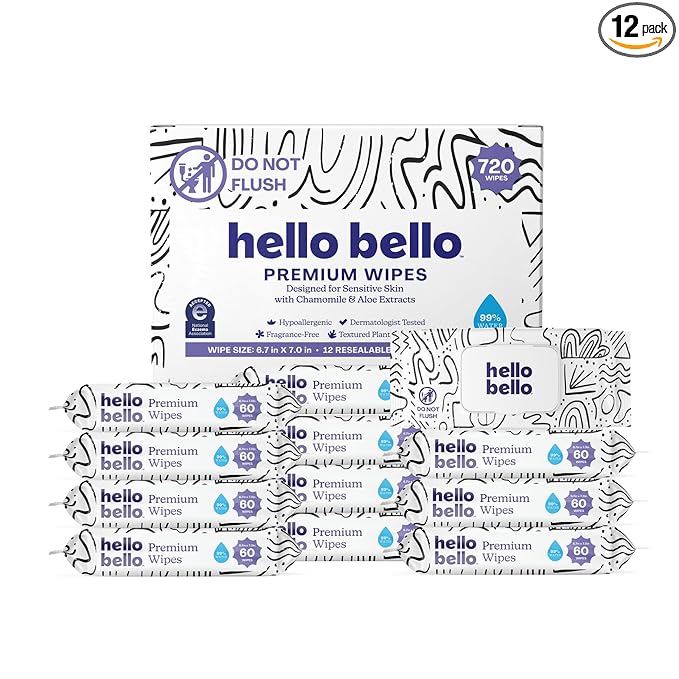 Hello Bello Premium Wipes, Designed for Sensitive Skin with Chamomile & Aloe Extracts, Playful Sketches (12 Resealable Packets = 720 Total Wipes)
