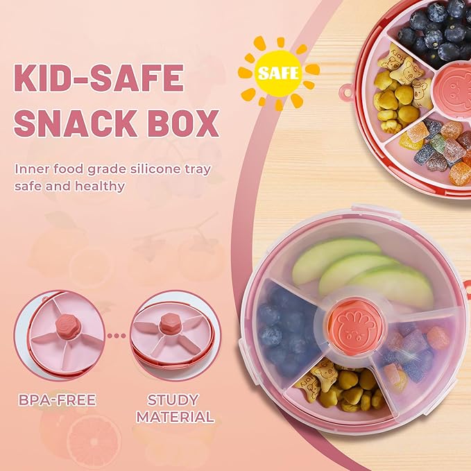 KingKam Kids Snack Spinner Containers, Reusable Toddler Spin Snack Container Box with 4 Compartments & Lid, Travel On-The-Go Snacking, BPA Free | Dishwasher Safe | Strap and Sticker (Pink)
