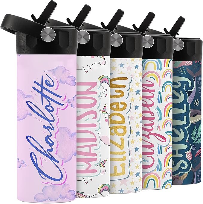 Personalized Water Bottle for Kids - 14 oz - 14 Design Options, Custom Water Bottle for Children - End of School Year Gifts, Back to School Gifts - BPA FREE, Double-Wall Insulation - Pink Cloud