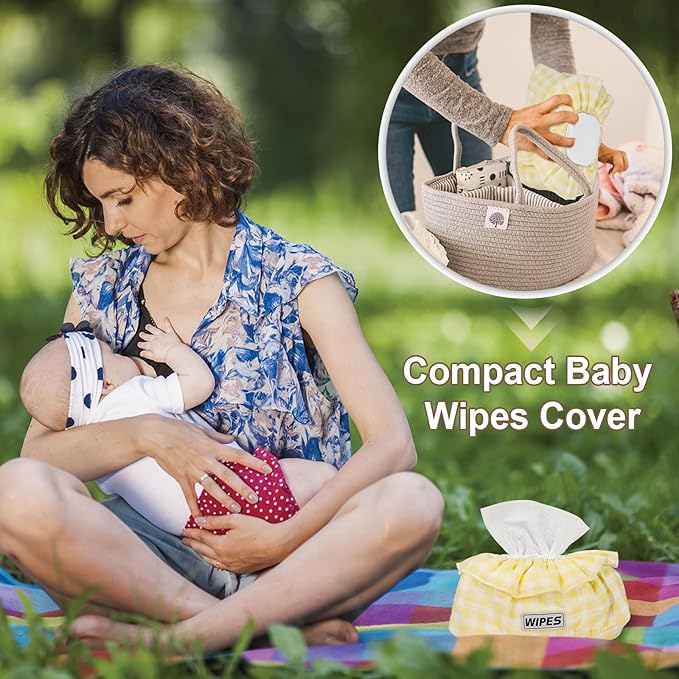 2 Pack Baby Wipes Cover – Muslin Cotton Wipes Dispenser, Universal Size Fits All Wipes & Tissues, Diaper Pouch for Nursery, Living Room & Diaper Station (Yellow+Yellow)