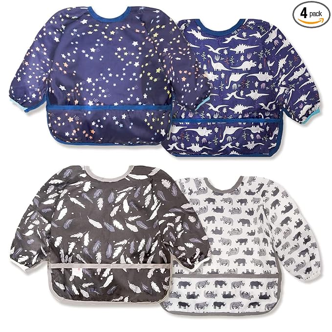Joyo roy Mess Proof Baby Bibs for Eating Waterproof Toddler Bibs for Boys Soft Machine Washable Long Sleeve Bib 1-3 Years Travel Reusable Baby Smock Apron for Feeding Bib with Food Catcher