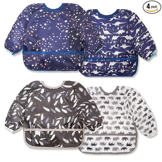 Joyo roy Mess Proof Baby Bibs for Eating Waterproof Toddler Bibs for Boys Soft Machine Washable Long Sleeve Bib 1-3 Years Travel Reusable Baby Smock Apron for Feeding Bib with Food Catcher
